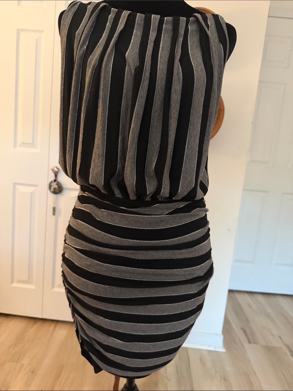 Black and Gray Striped Mini Dress - Sleeveless Blouson Style